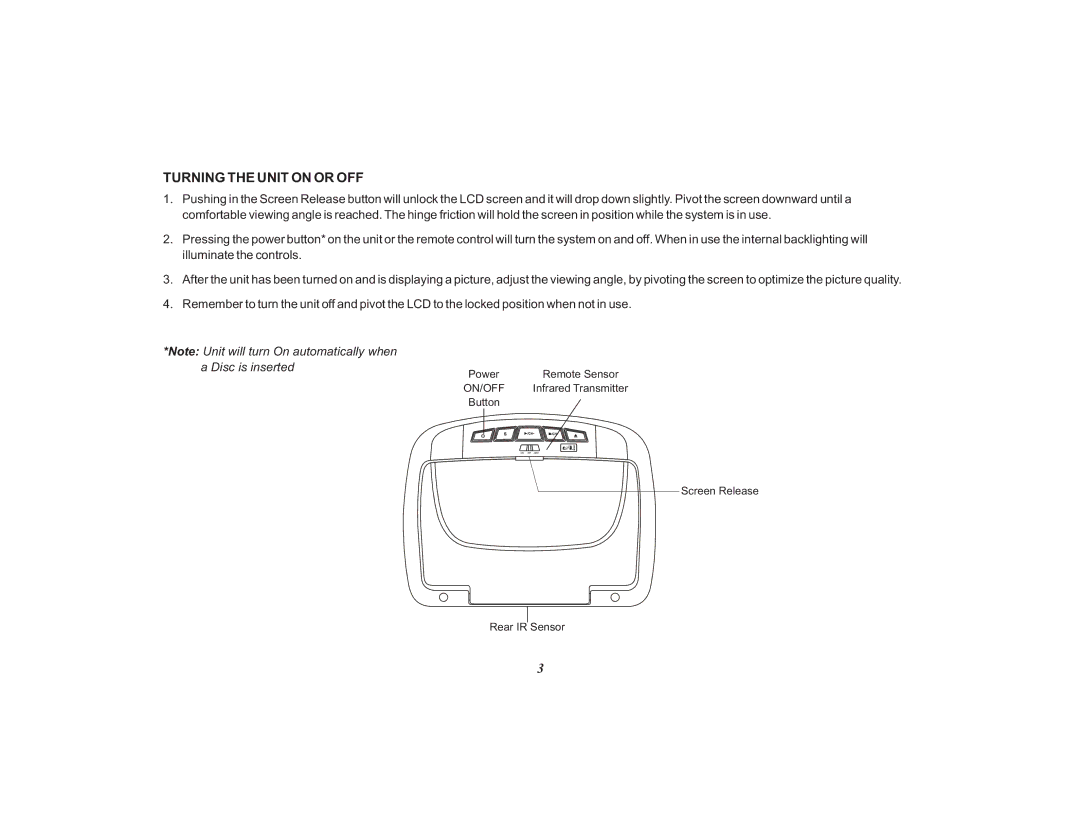 Audiovox 128-8810, VOD108FR operation manual Turning the Unit on or OFF, Disc is inserted 