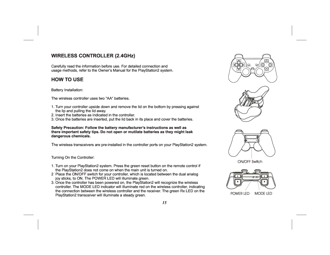 Audiovox VOD10PS2 operation manual WIRELESS CONTROLLER 2.4GHz, How To Use 