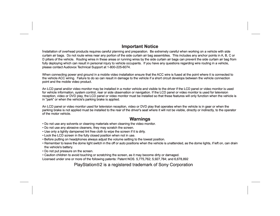 Audiovox VOD10PS2 operation manual Important Notice, Warnings, PlayStation2 is a registered trademark of Sony Corporation 