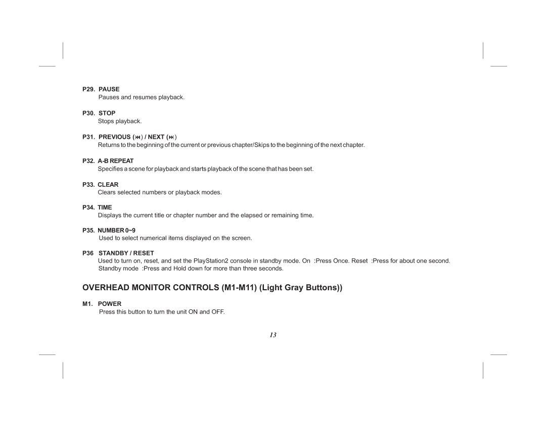 Audiovox VOD10PS2 P29. Pause, P30. Stop, P32. A-B Repeat, P33. Clear, P34. Time, P36 Standby / Reset, M1. Power 