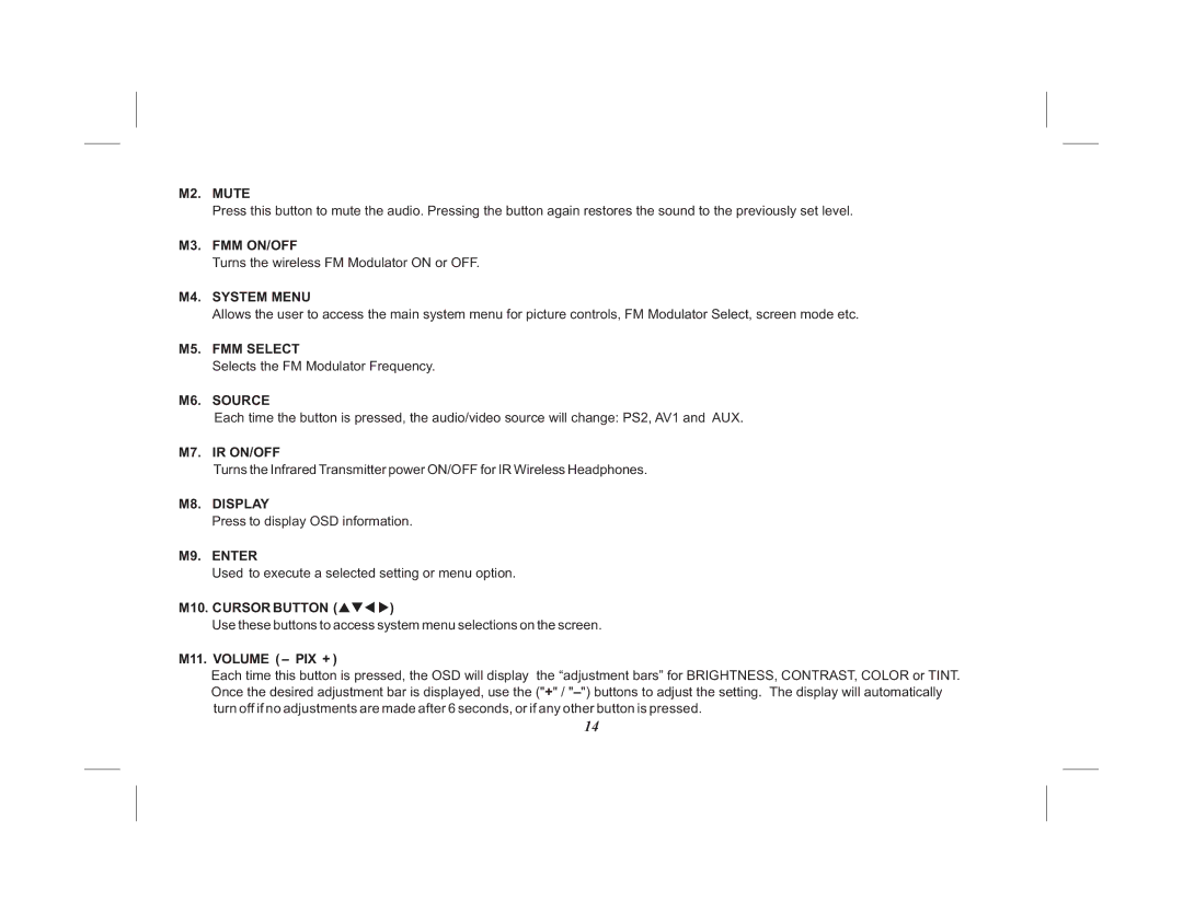 Audiovox VOD10PS2 M2. Mute, M3. FMM ON/OFF, M4. System Menu, M5. FMM Select, M6. Source, M7. IR ON/OFF, M8. Display 