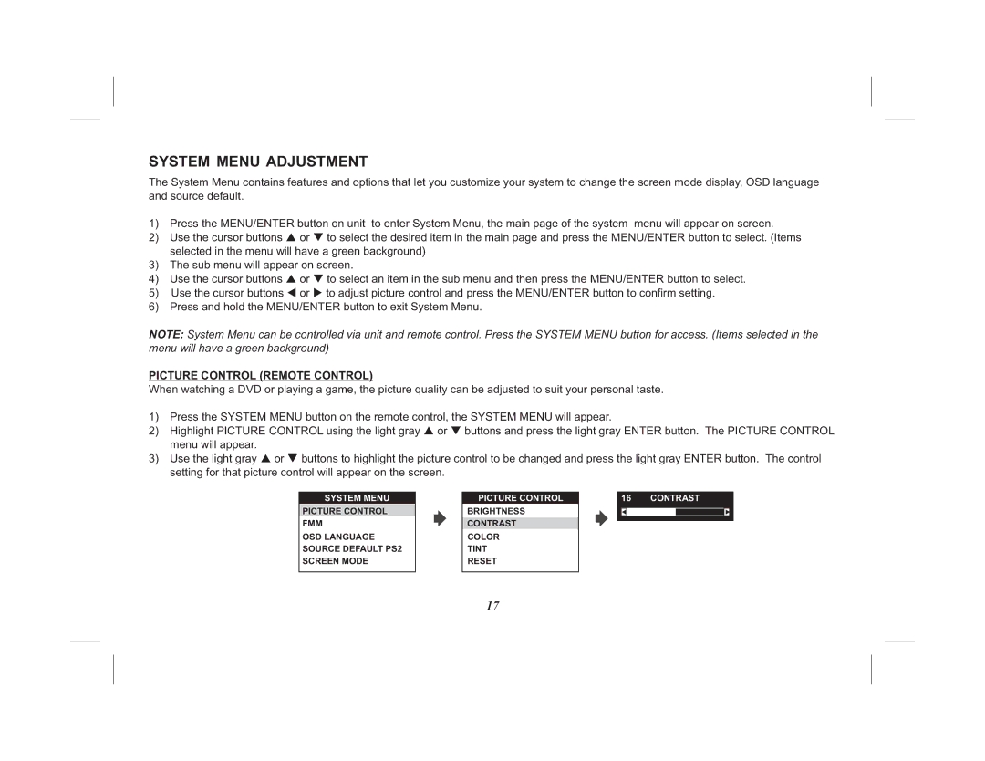 Audiovox VOD10PS2 operation manual System Menu Adjustment, Picture Control Remote Control 