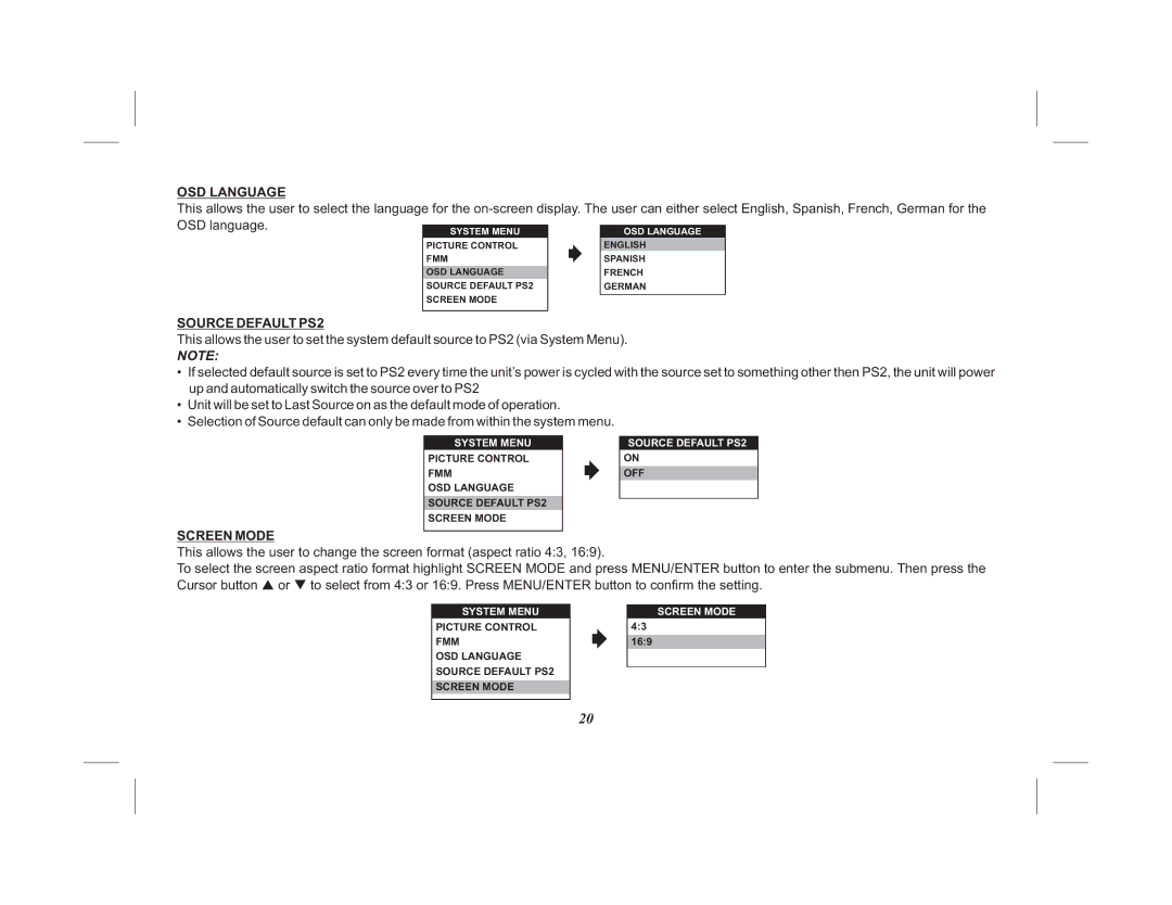 Audiovox VOD10PS2 operation manual OSD Language, Source Default PS2, Screen Mode 