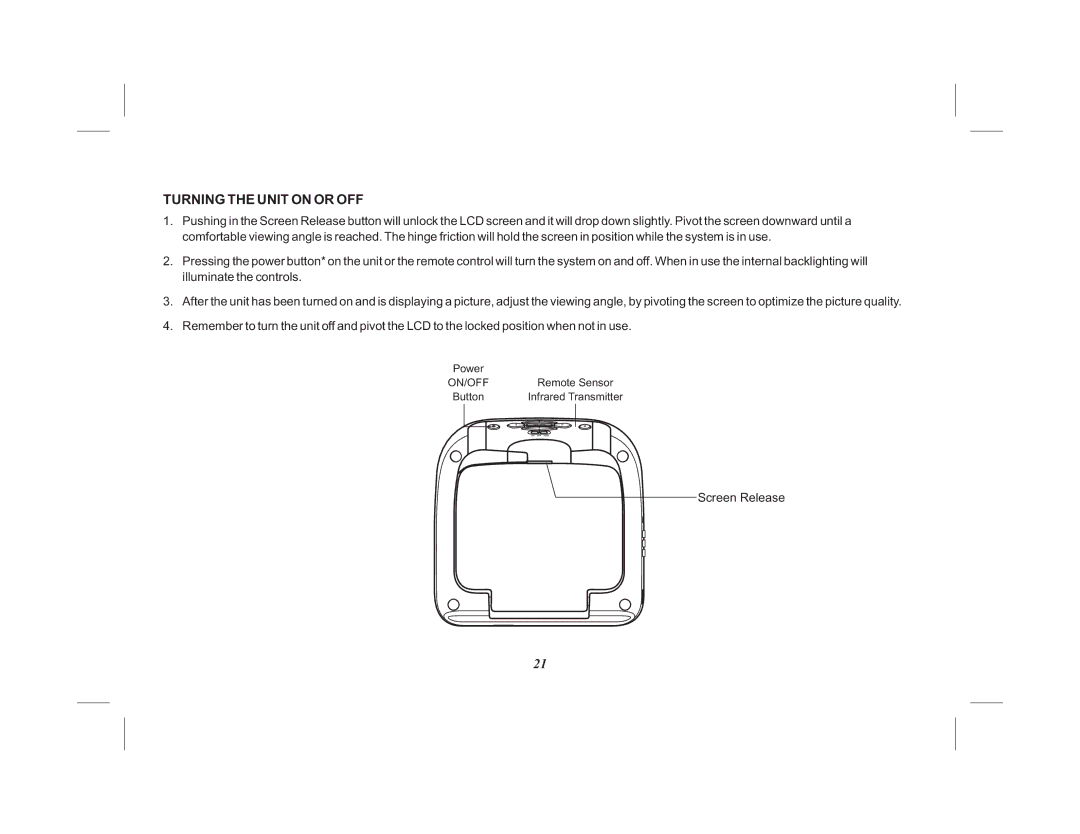 Audiovox VOD10PS2 operation manual Turning the Unit on or OFF 