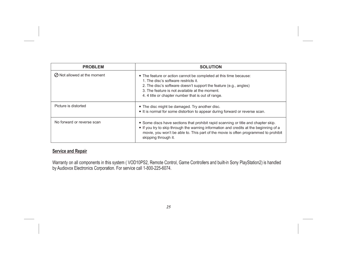 Audiovox VOD10PS2 operation manual Service and Repair 