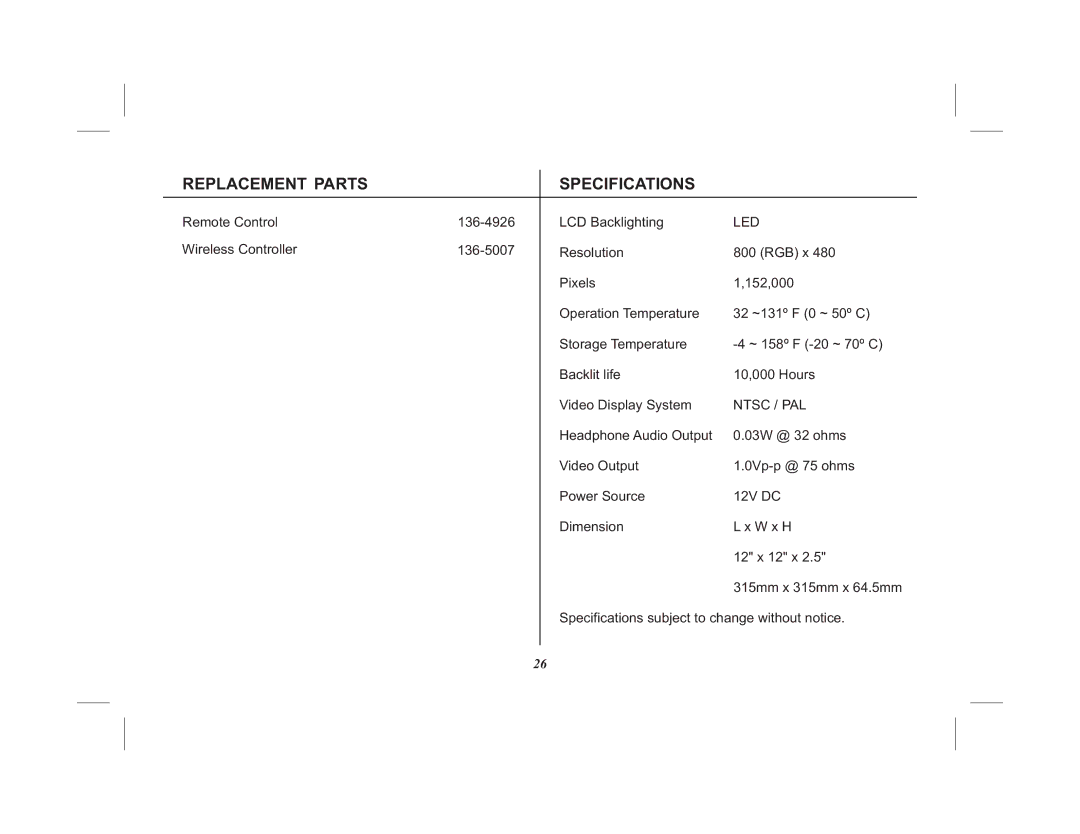 Audiovox VOD10PS2 operation manual Replacement Parts Specifications, Led 