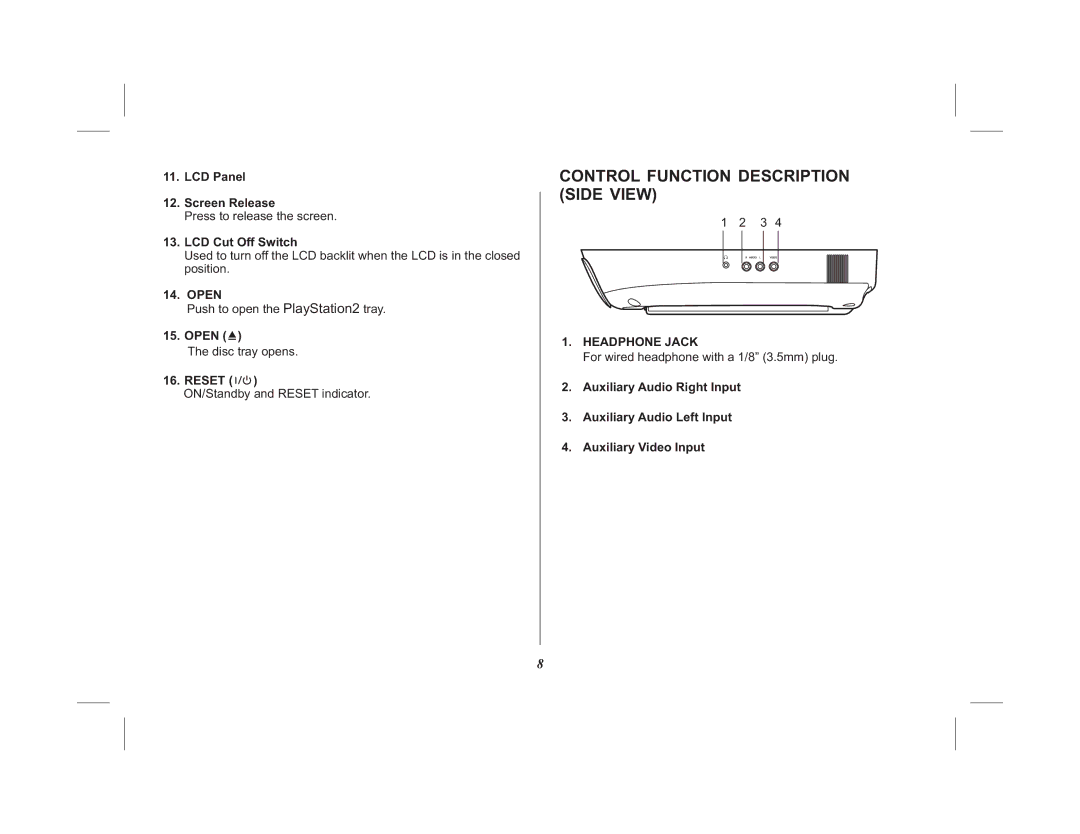 Audiovox VOD10PS2 operation manual Control Function Description Side View, Headphone Jack 