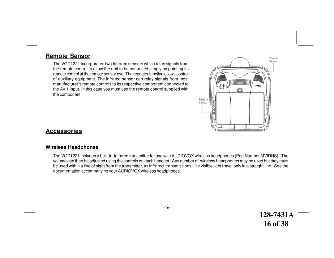 Audiovox VOD1221 manual Remote Sensor, Accessories, Wireless Headphones 