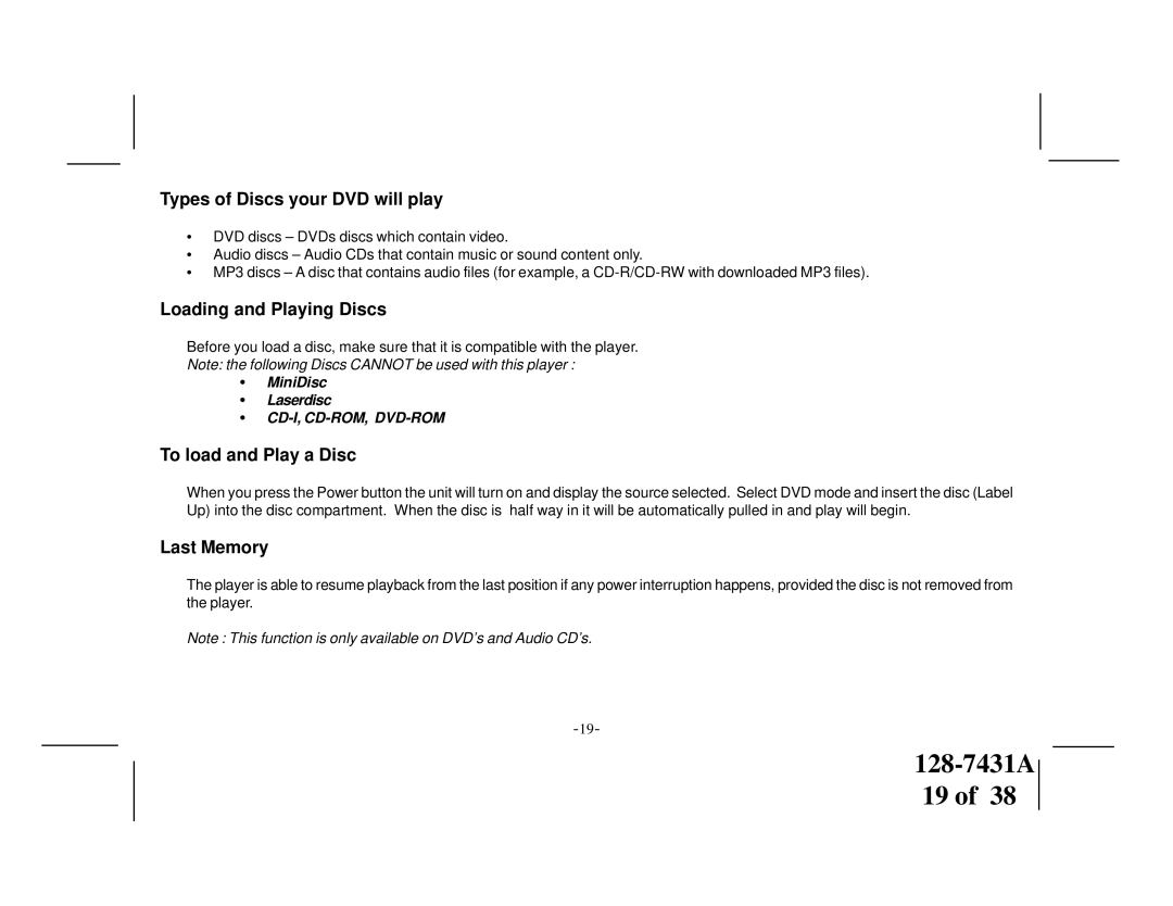 Audiovox VOD1221 manual Types of Discs your DVD will play, Loading and Playing Discs, To load and Play a Disc, Last Memory 