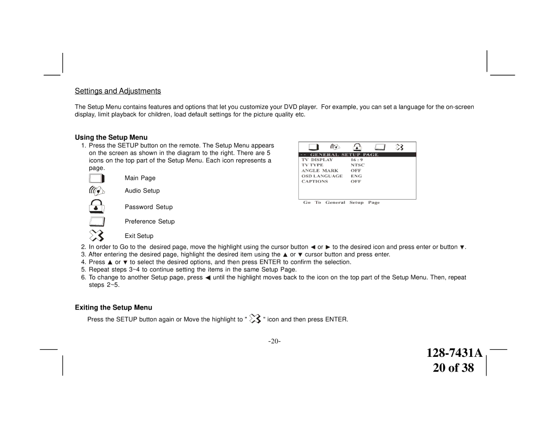 Audiovox VOD1221 manual Using the Setup Menu, Exiting the Setup Menu 