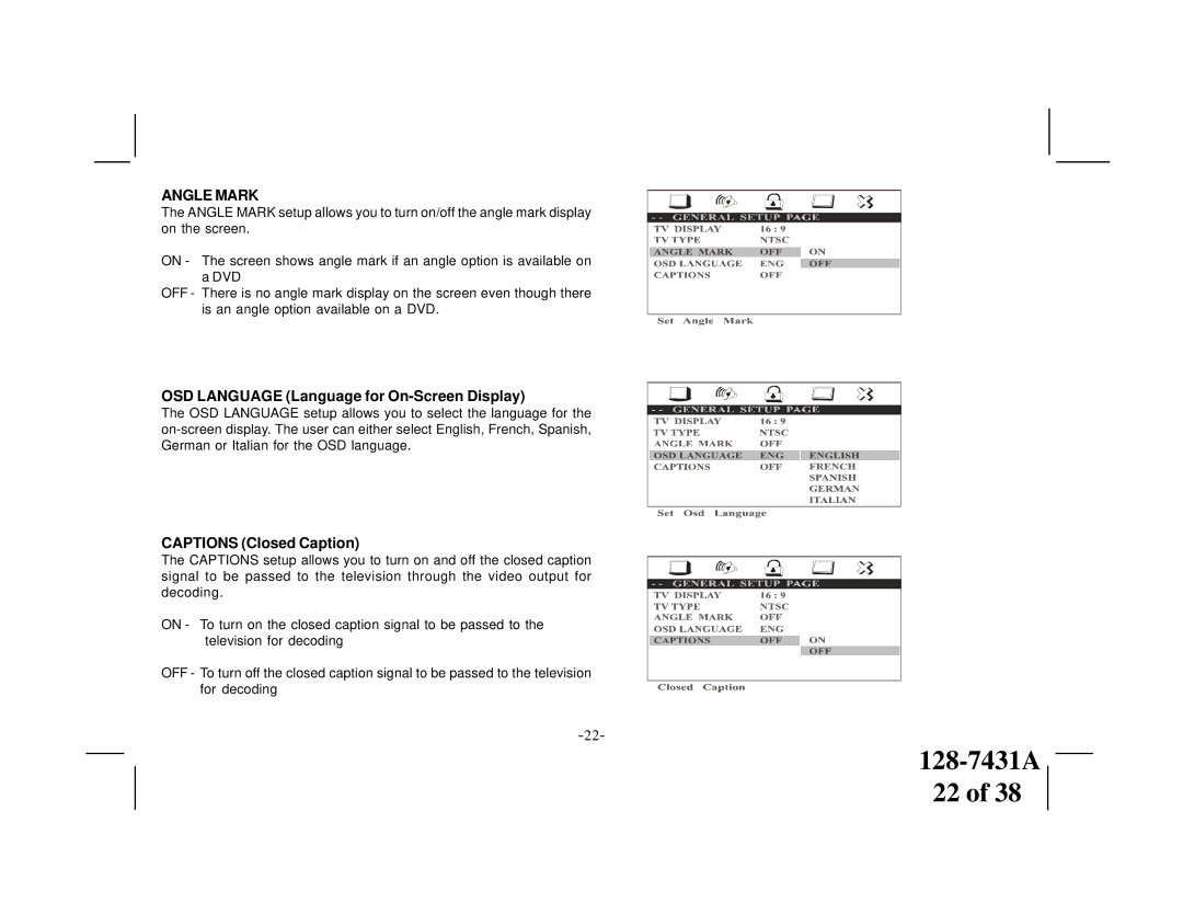 Audiovox VOD1221 manual Angle Mark, OSD Language Language for On-Screen Display, Captions Closed Caption 