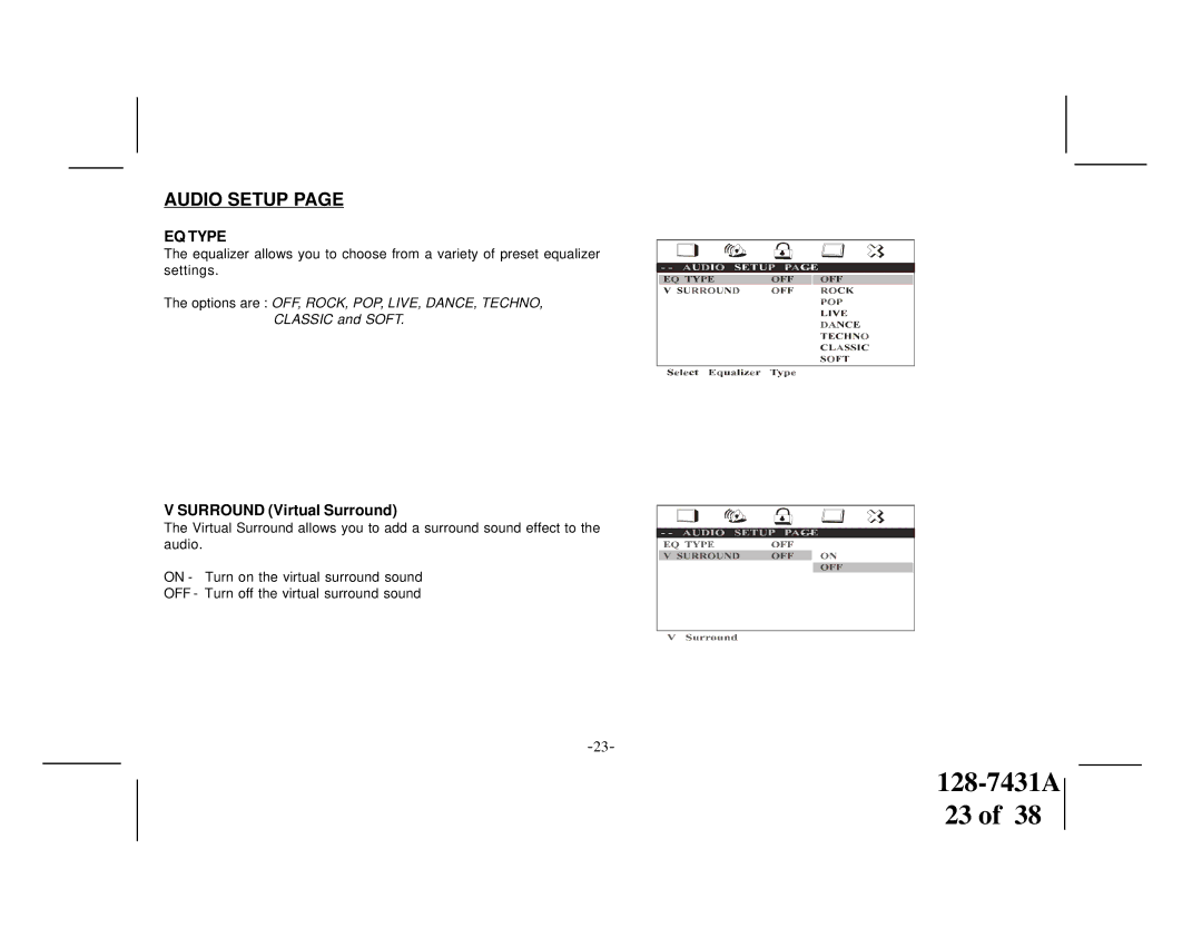 Audiovox VOD1221 manual EQ Type, Surround Virtual Surround 