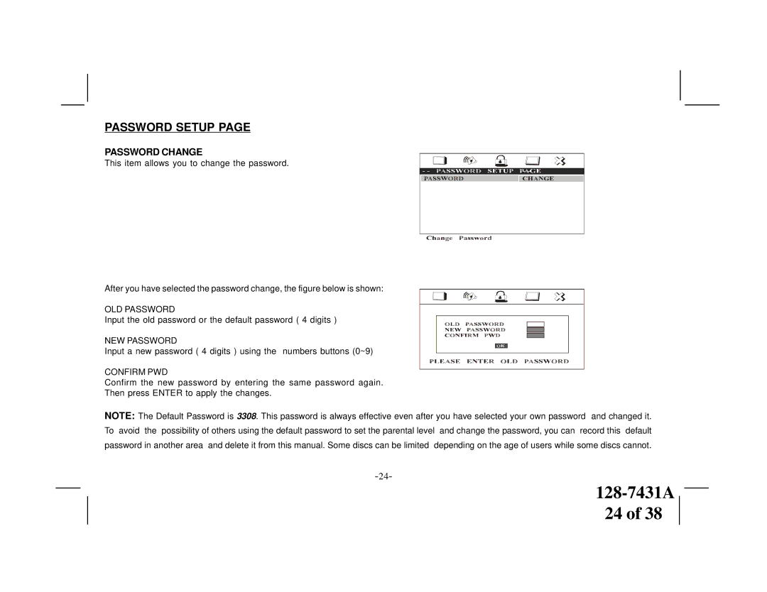 Audiovox VOD1221 manual Password Setup, Password Change 