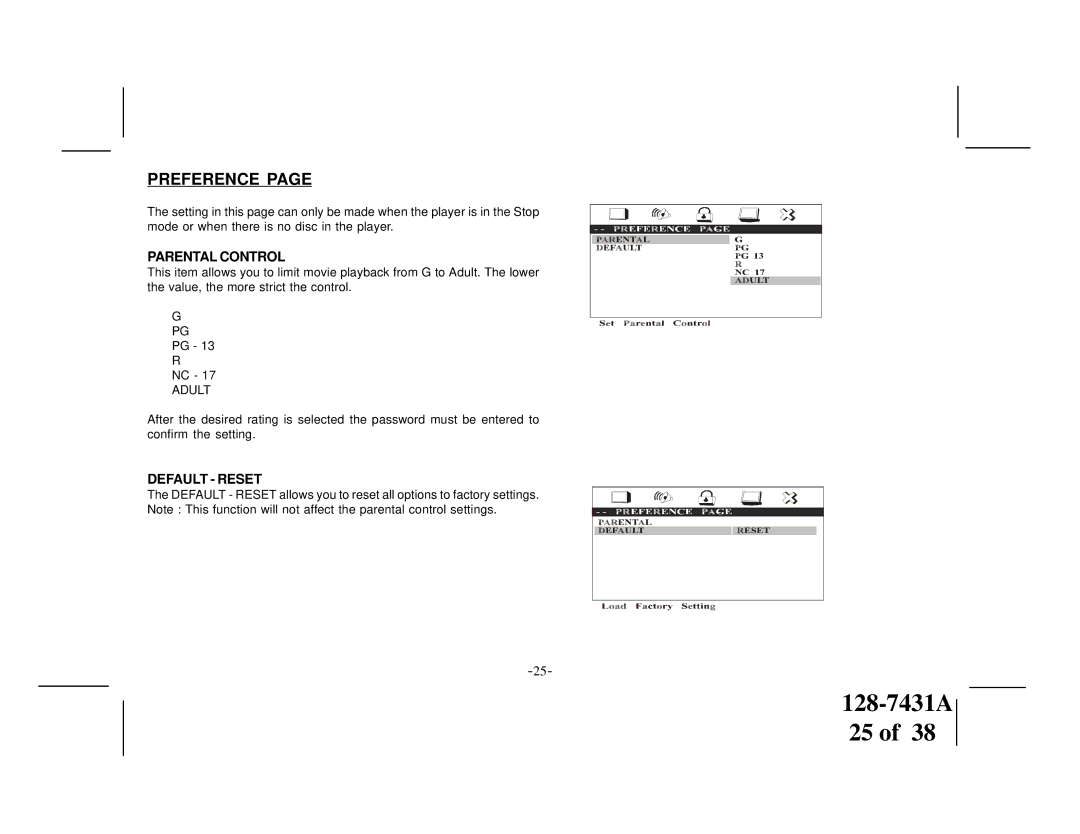 Audiovox VOD1221 manual Parental Control, Default Reset 