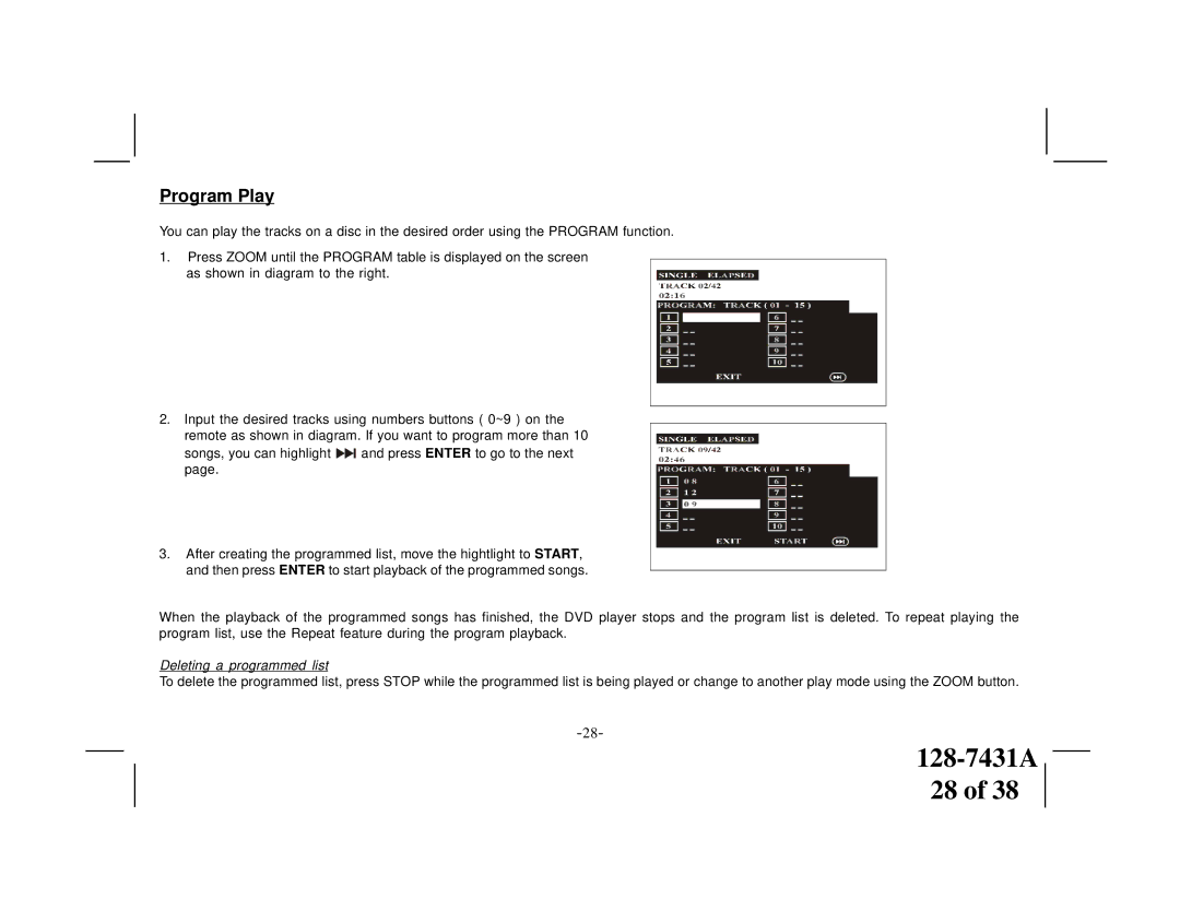 Audiovox VOD1221 manual Program Play, Deleting a programmed list 