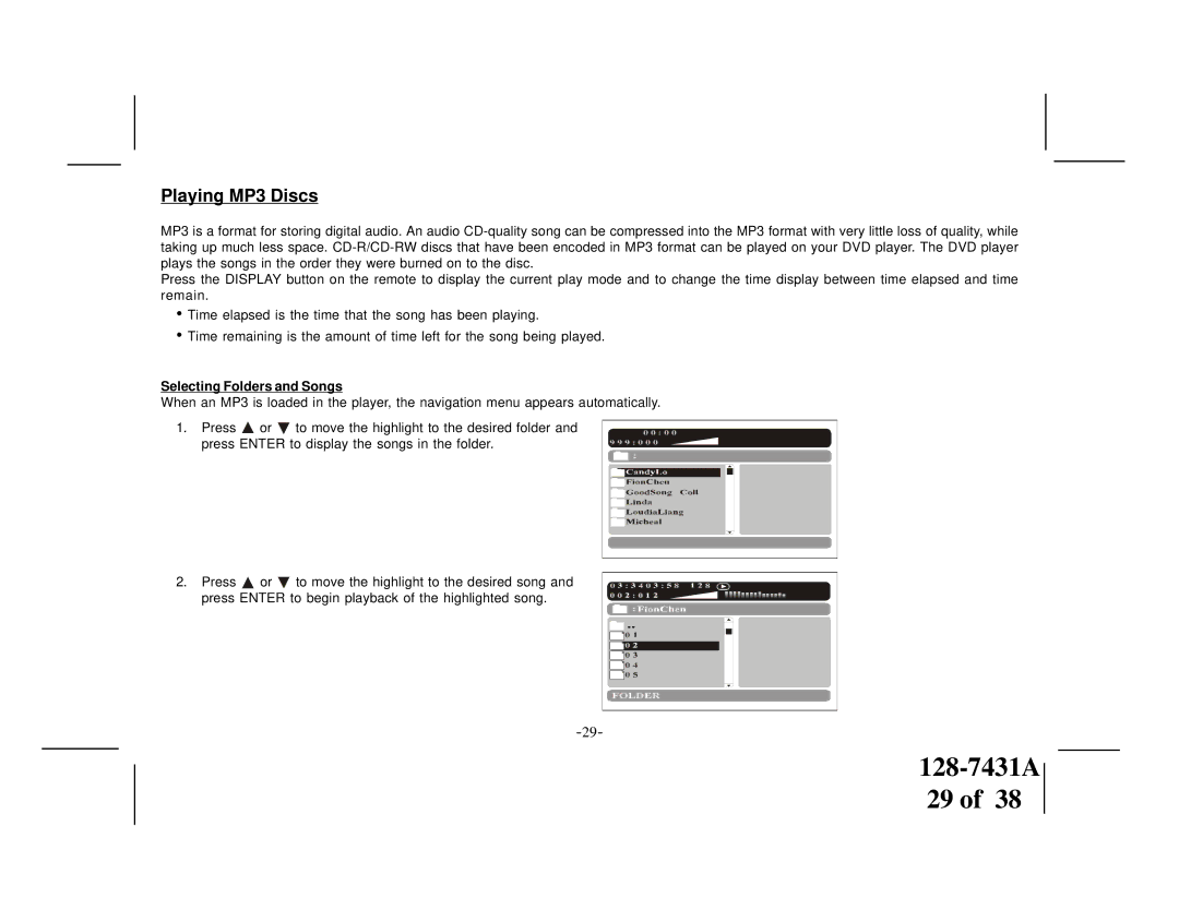 Audiovox VOD1221 manual Playing MP3 Discs, Selecting Folders and Songs 