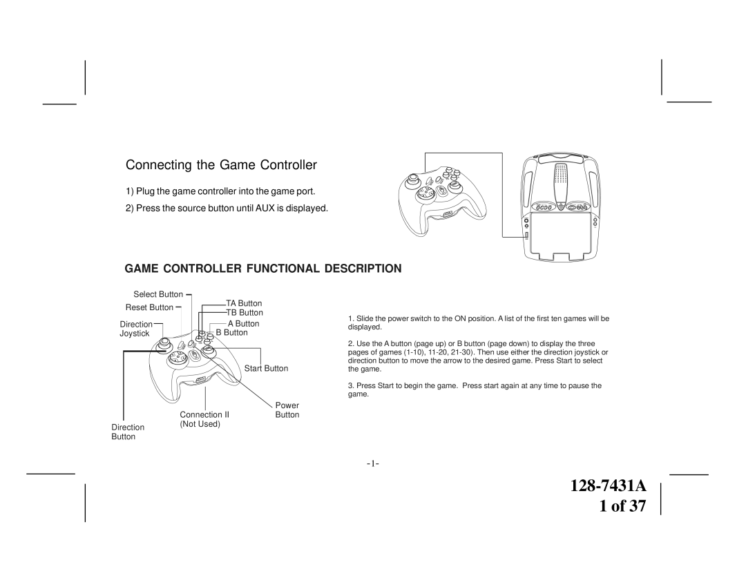 Audiovox VOD1221 manual Connecting the Game Controller 