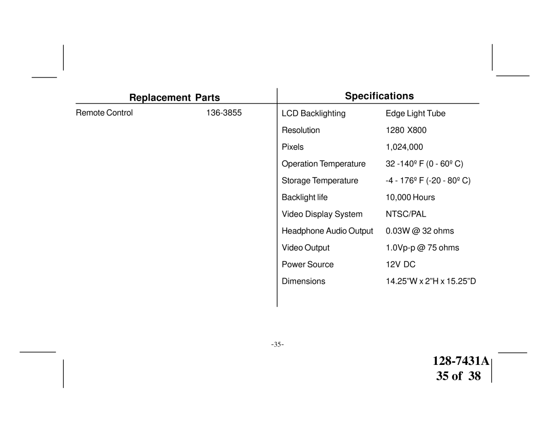 Audiovox VOD1221 manual Replacement Parts Specifications, Ntsc/Pal 