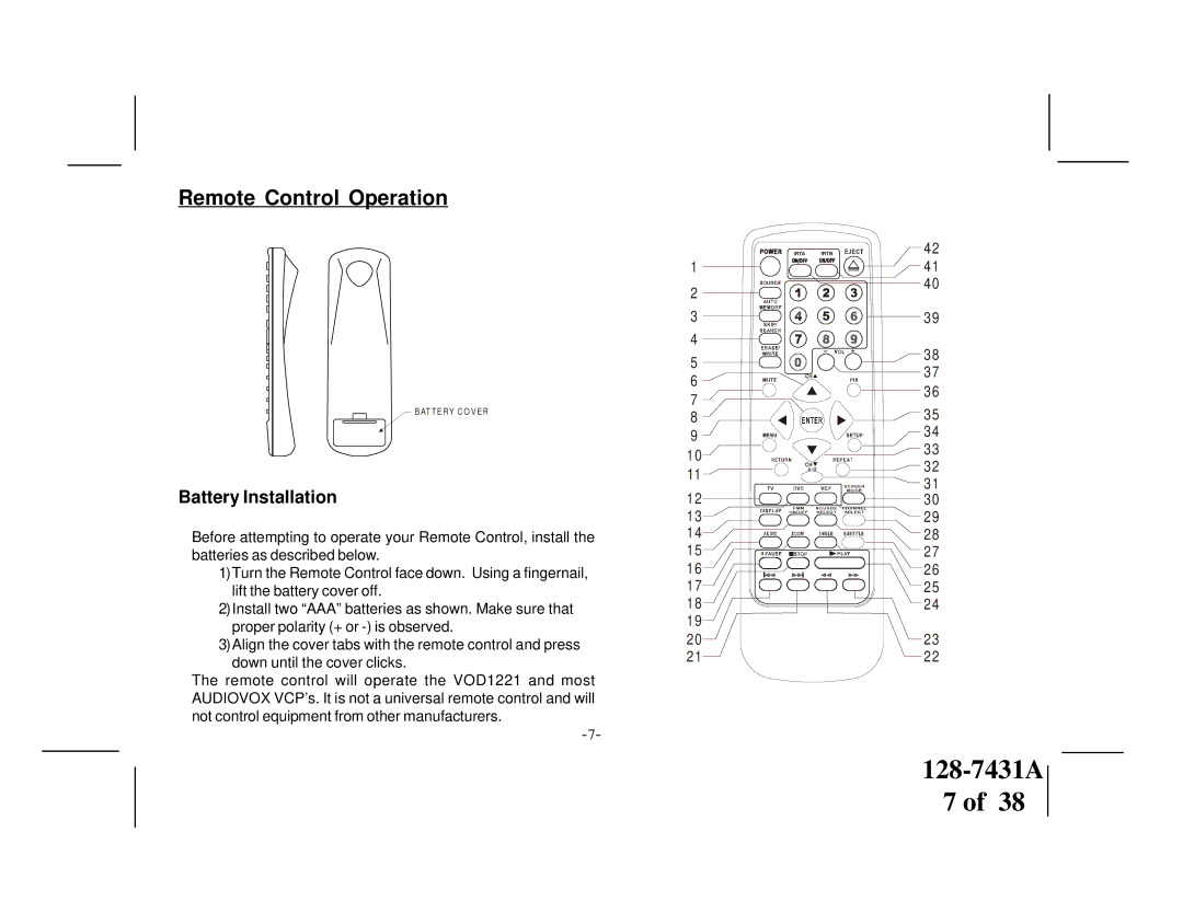 Audiovox VOD1221 manual Remote Control Operation, Battery Installation 