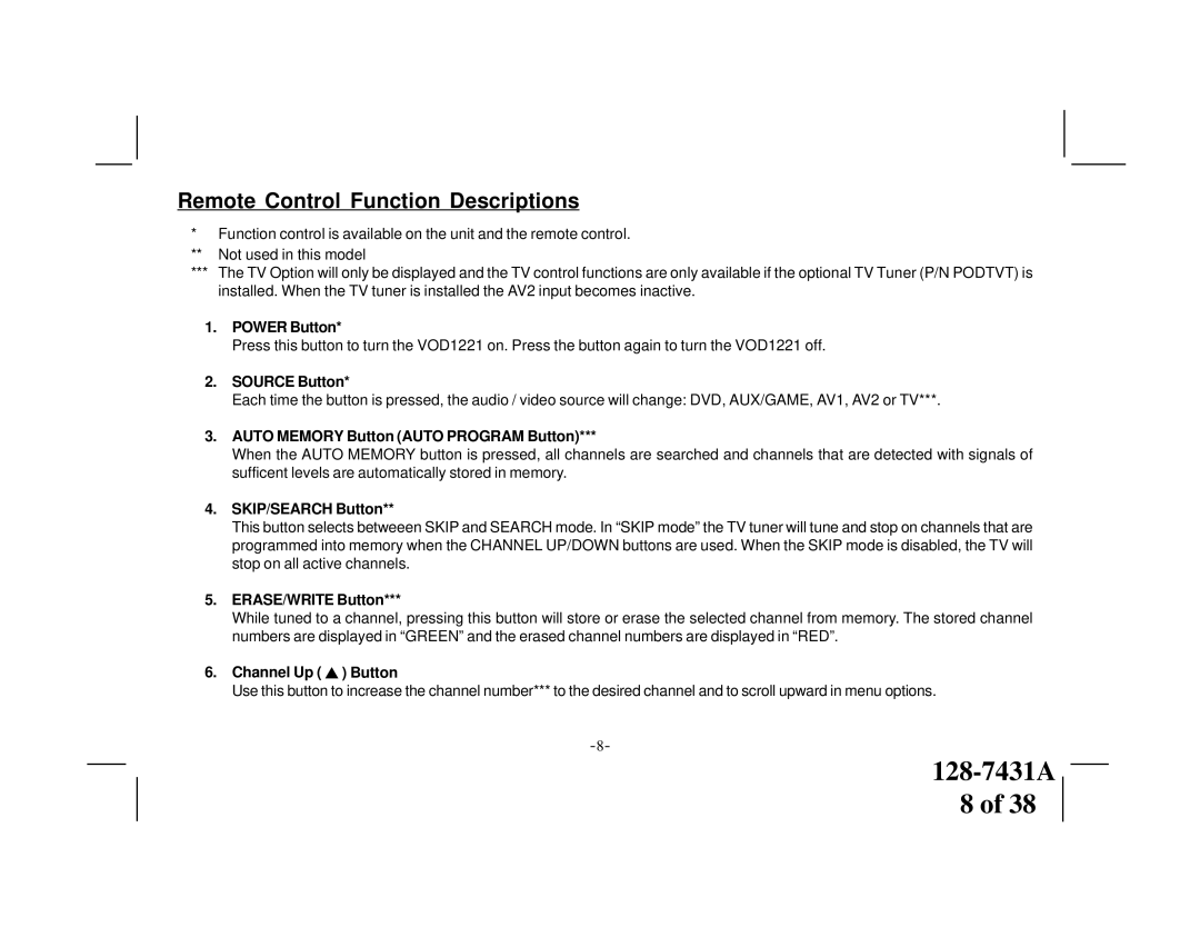 Audiovox VOD1221 manual Remote Control Function Descriptions 