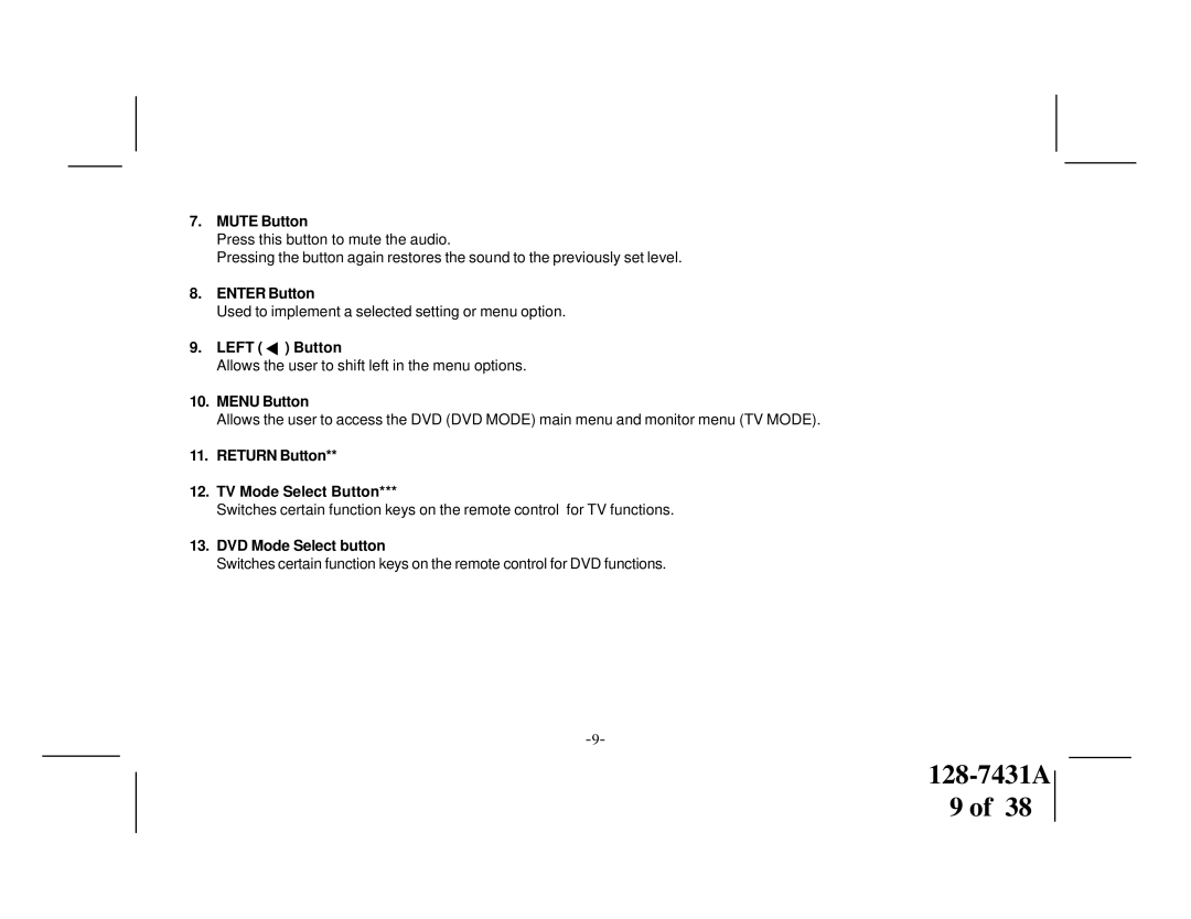 Audiovox VOD1221 manual Mute Button, Enter Button, Left Button, Menu Button, Return Button TV Mode Select Button 