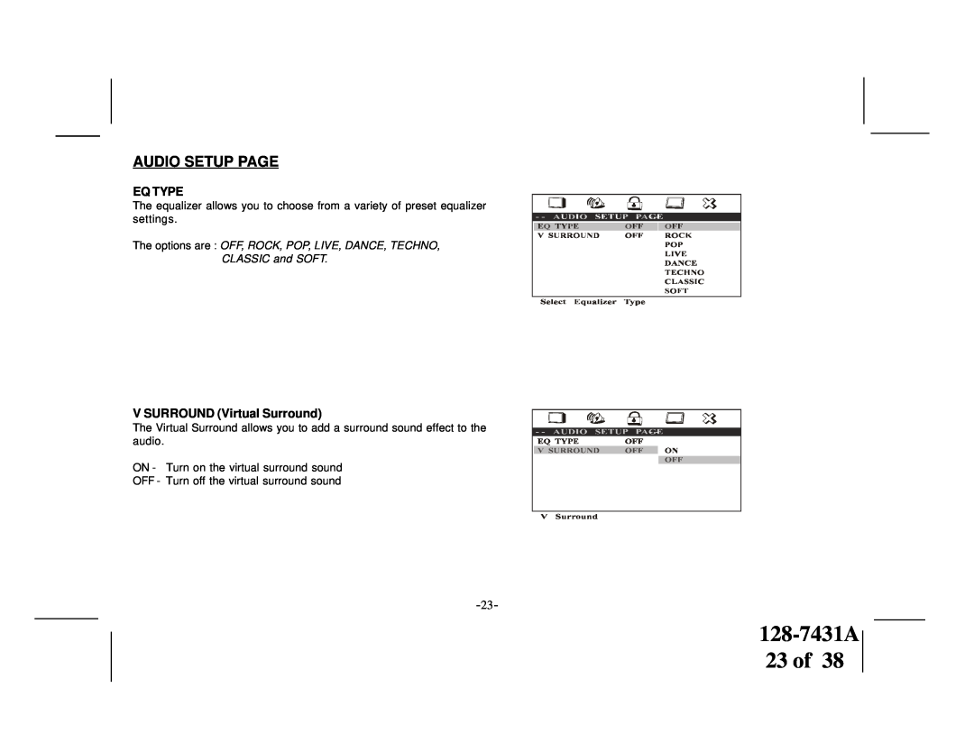 Audiovox VOD1221 manual 128-7431A 23 of, Audio Setup Page, Eq Type, V SURROUND Virtual Surround 