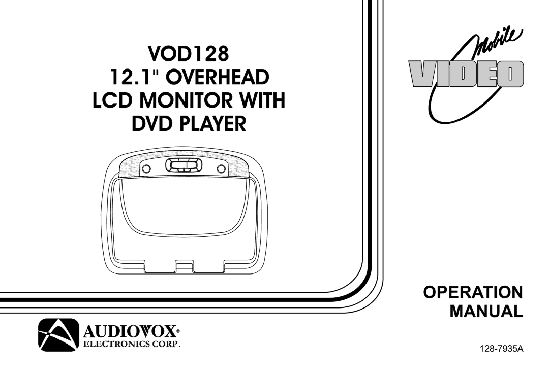 Audiovox VOD128 operation manual Overhead LCD Monitor with DVD Player 