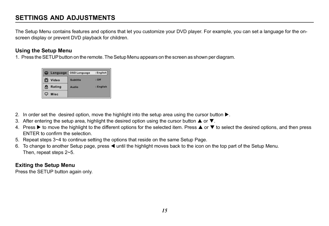 Audiovox VOD128 operation manual Settings and Adjustments, Using the Setup Menu, Exiting the Setup Menu 