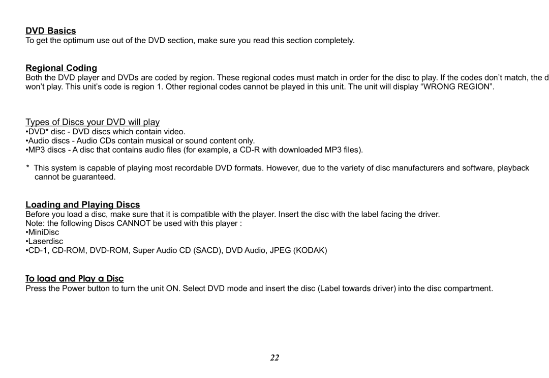 Audiovox VOD128 operation manual DVD Basics, Regional Coding, Loading and Playing Discs, To load and Play a Disc 