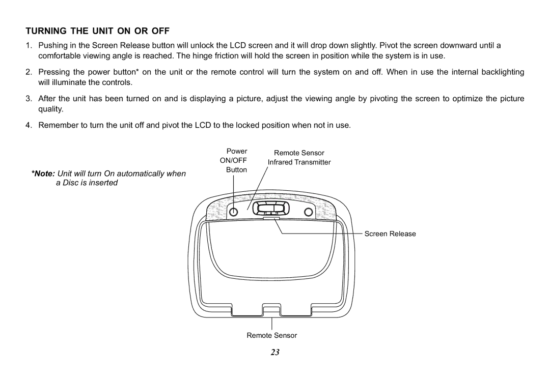 Audiovox VOD128 operation manual Turning the Unit on or OFF 