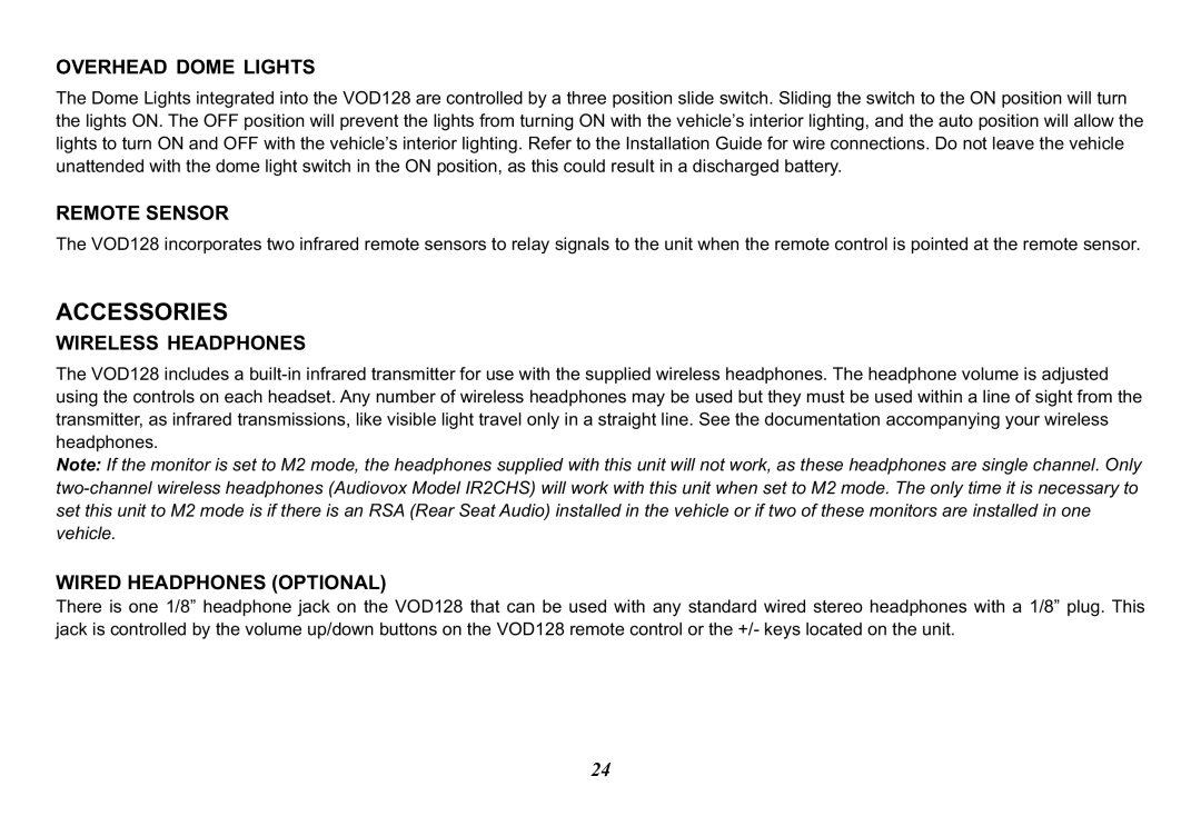 Audiovox VOD128 Accessories, Overhead Dome Lights, Remote Sensor, Wireless Headphones, Wired Headphones Optional 