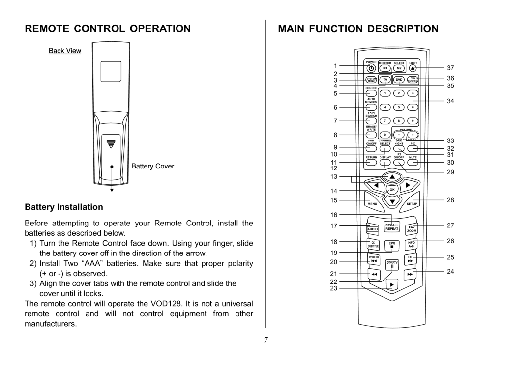 Audiovox VOD128 operation manual Remote Control Operation Main Function Description, Battery Installation 