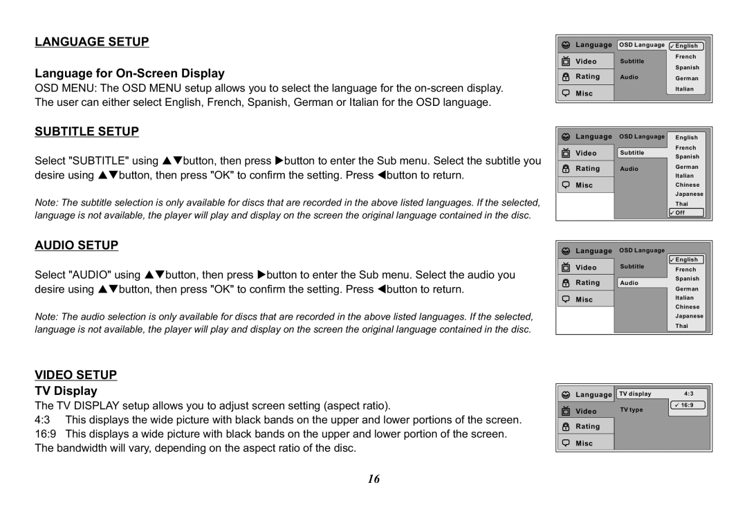 Audiovox VOD128A operation manual Language Setup, Subtitle Setup, Audio Setup, Video Setup 