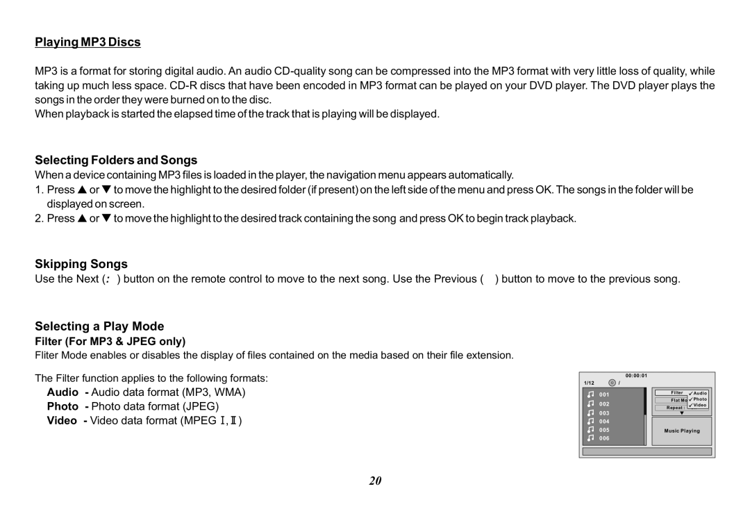 Audiovox VOD128A operation manual Playing MP3 Discs, Selecting Folders and Songs, Skipping Songs, Selecting a Play Mode 