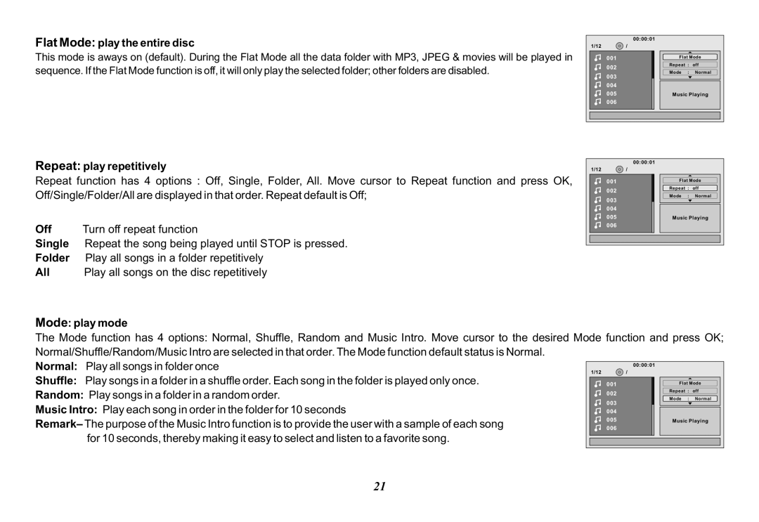 Audiovox VOD128A operation manual Flat Mode play the entire disc, Repeat play repetitively, Mode play mode 