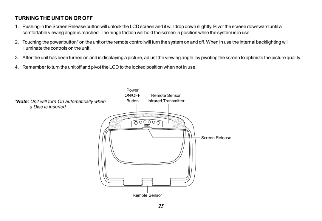 Audiovox VOD128A operation manual Turning the Unit on or OFF 