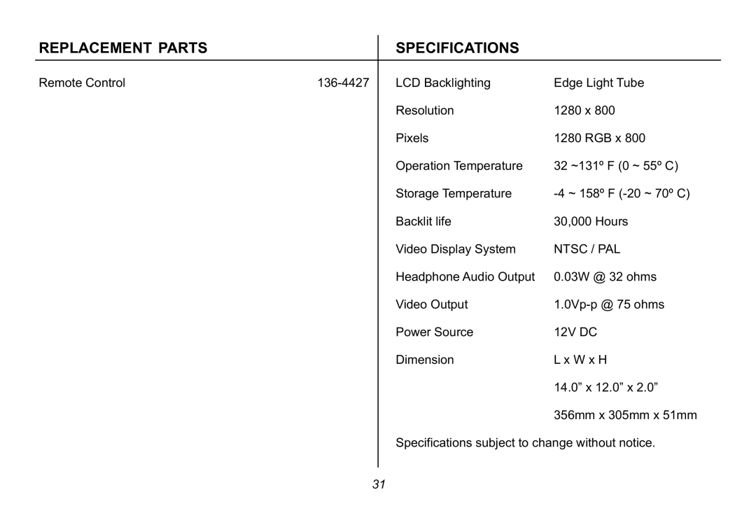 Audiovox VOD128A operation manual Replacement Parts Specifications, Ntsc / PAL 