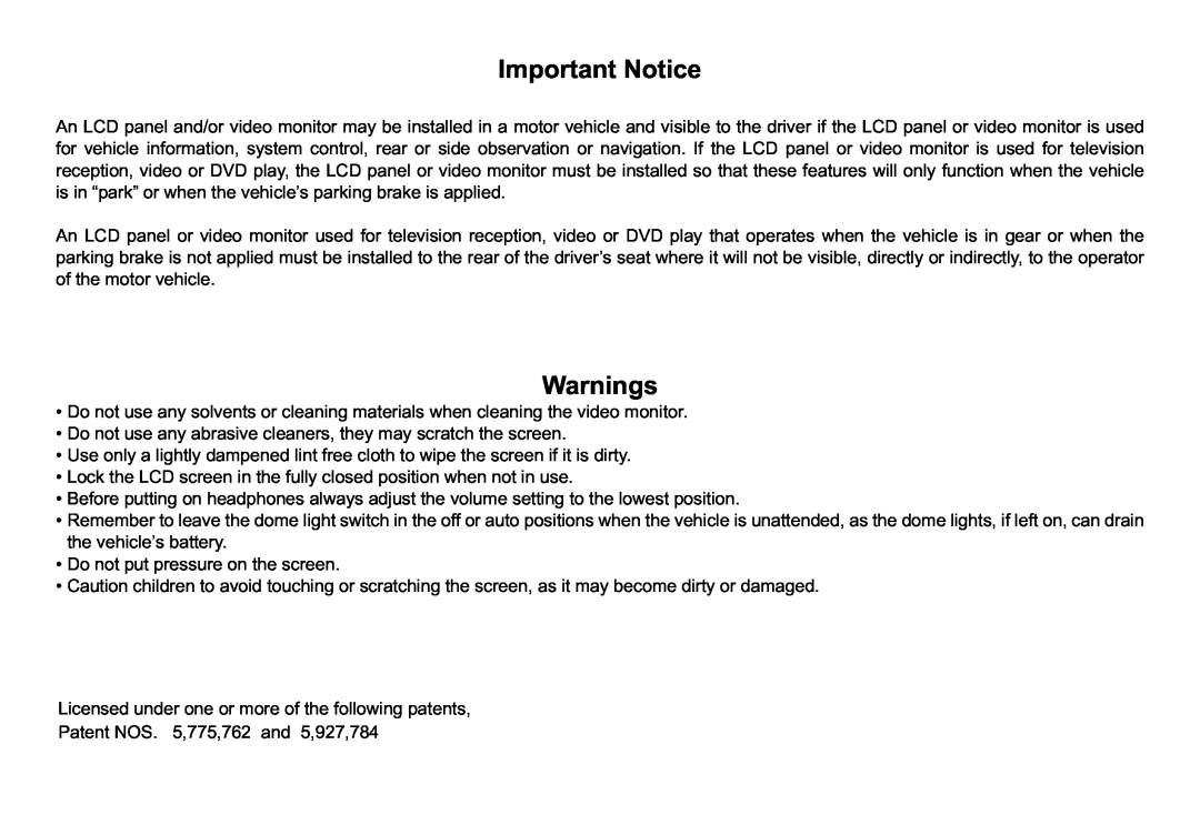 Audiovox VOD128A operation manual Important Notice, Warnings 