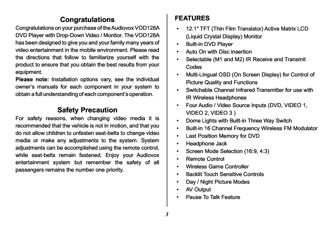 Audiovox VOD128A operation manual Congratulations, Safety Precaution, Features 