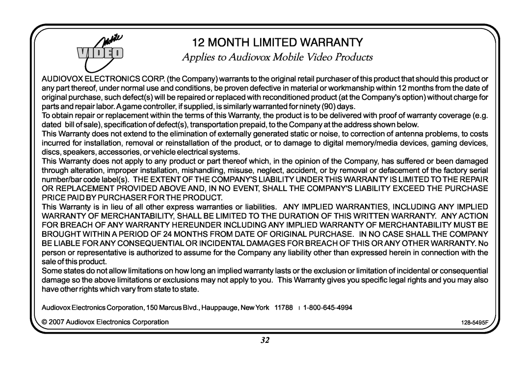 Audiovox VOD128A operation manual Month Limited Warranty, Applies to Audiovox Mobile Video Products 
