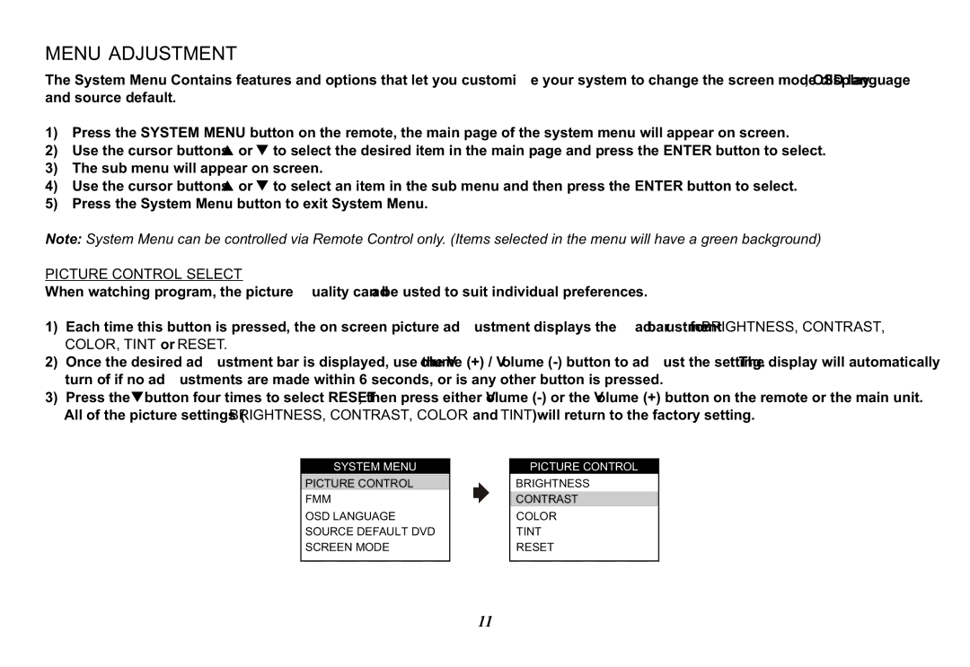 Audiovox 128-8607, VOD129 operation manual Menu Adjustment, Picture Control Select 