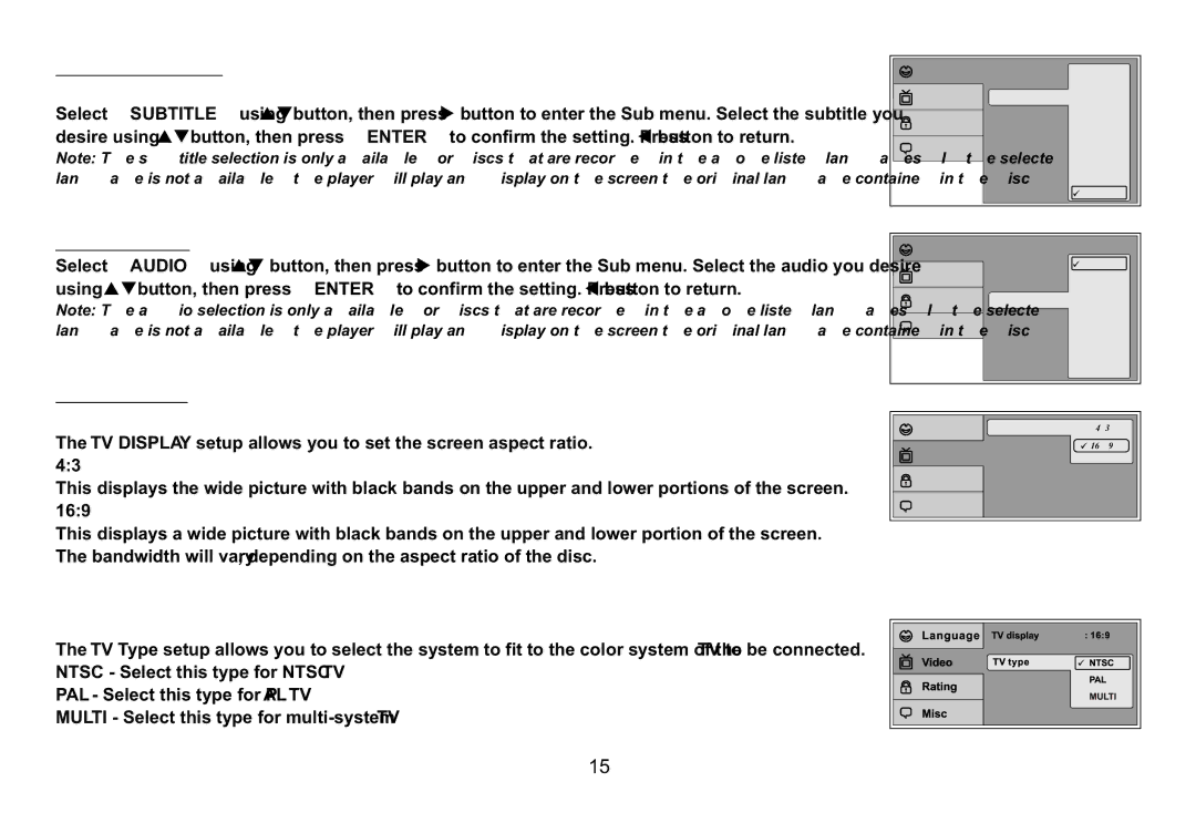 Audiovox 128-8607, VOD129 operation manual Subtitle Setup, Audio Setup, Video Setup, TV Display, TV Type 