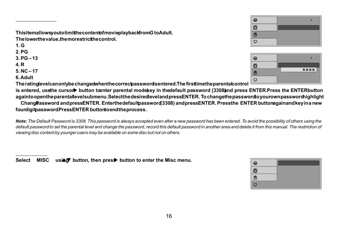 Audiovox VOD129, 128-8607 operation manual Rating Setup, Misc Setup 