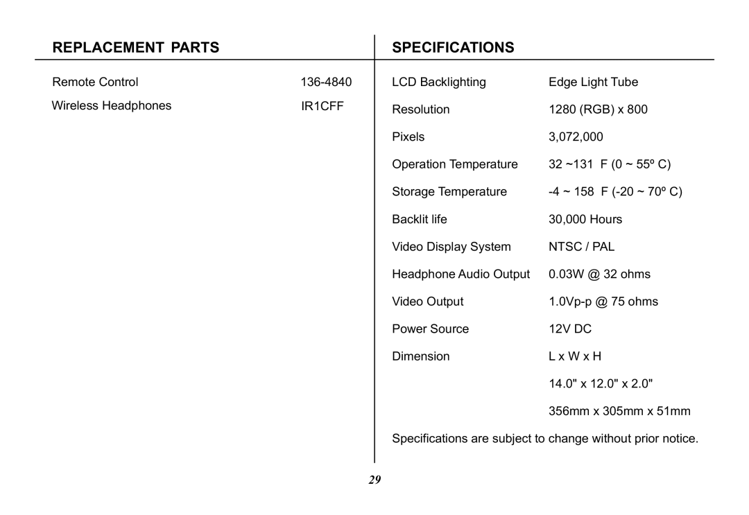 Audiovox 128-8607, VOD129 operation manual Replacement Parts Specifications, IR1CFF 