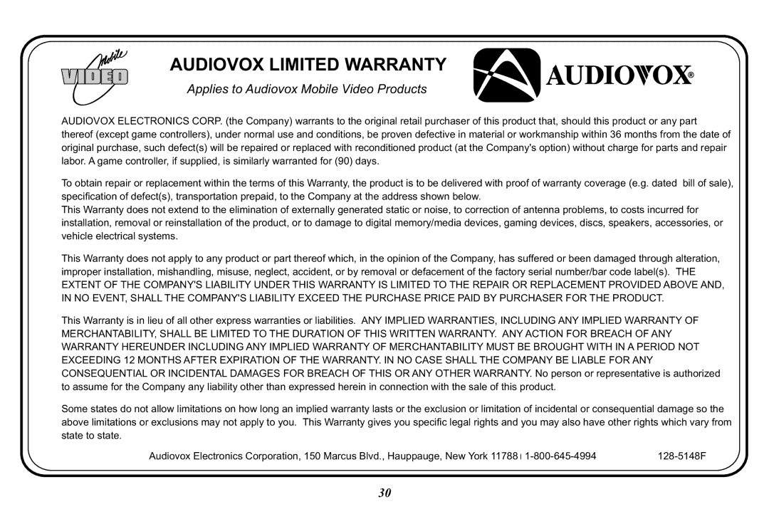 Audiovox VOD129, 128-8607 operation manual Audiovox Limited Warranty 