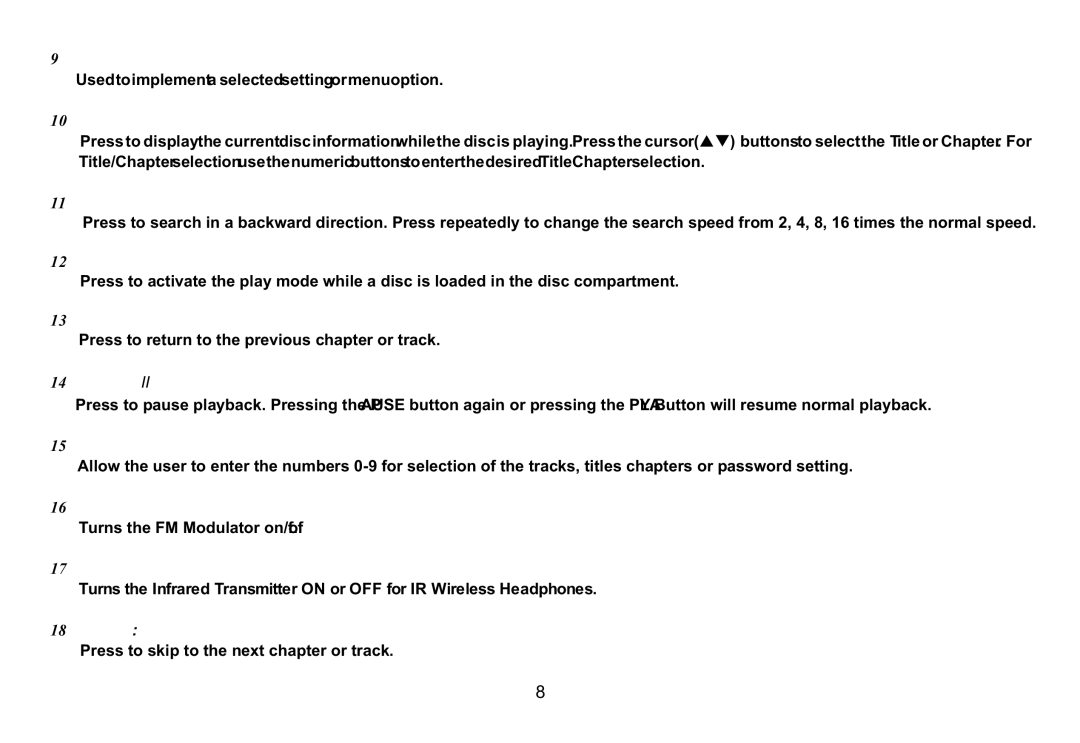 Audiovox VOD129, 128-8607 operation manual Enter, Display, Scan Backward, Numbers, Fmm On/Off 