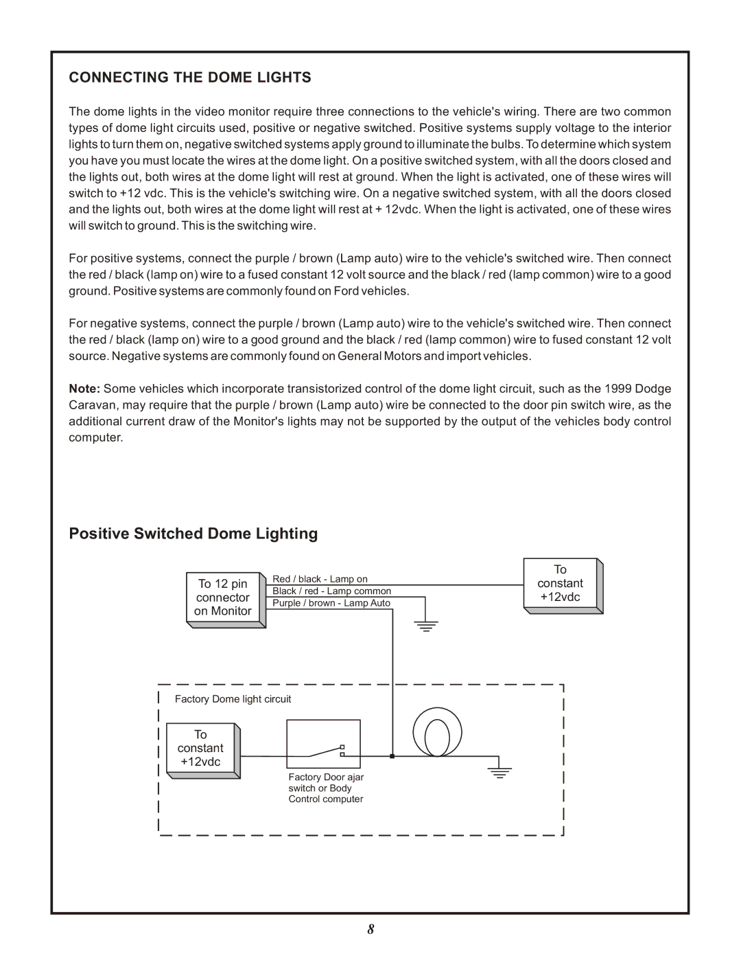 Audiovox VOD285S, VOD285P manual Positive Switched Dome Lighting, Connecting the Dome Lights 