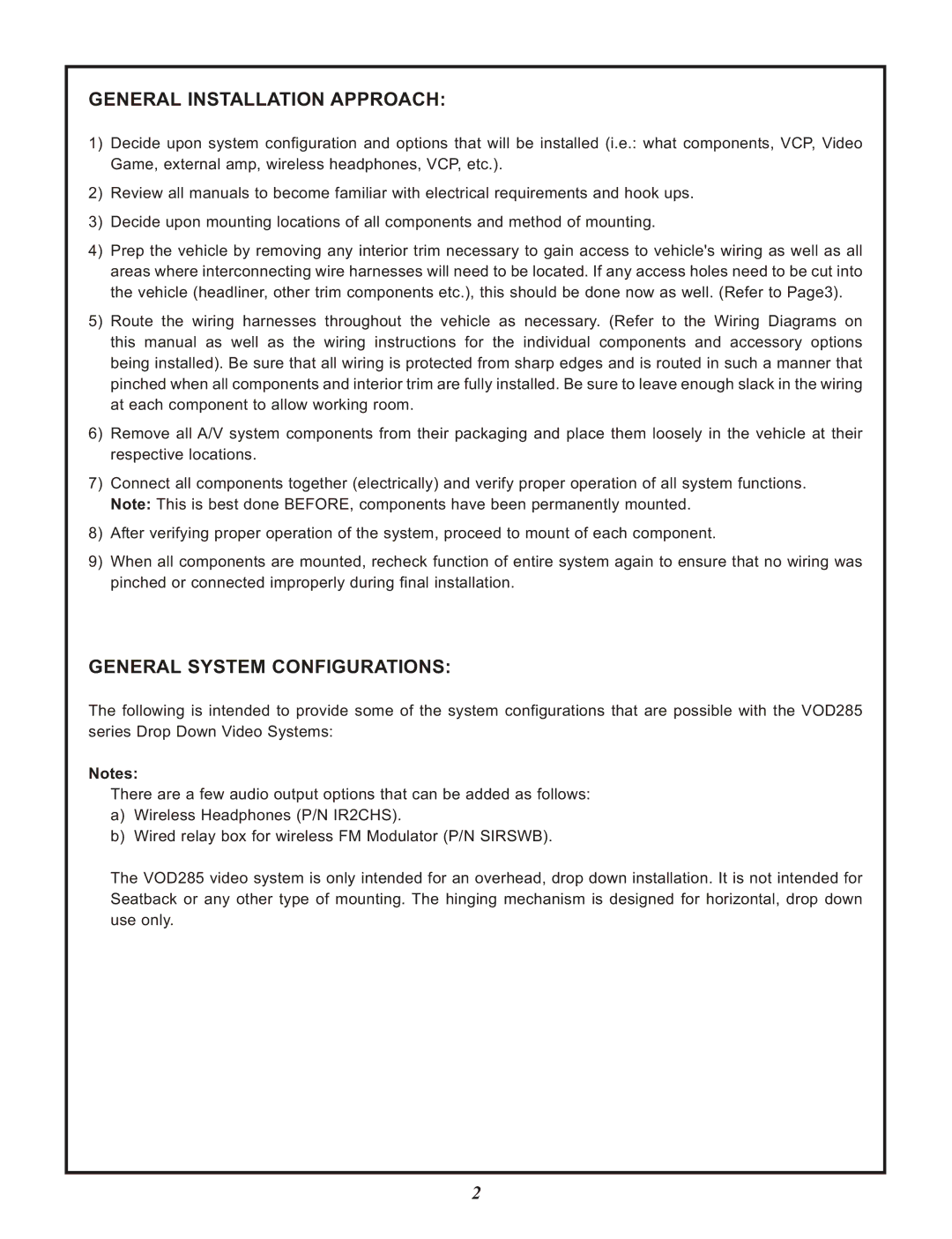 Audiovox VOD285S, VOD285P manual General Installation Approach, General System Configurations 