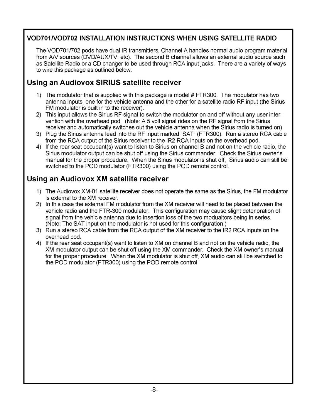 Audiovox VOD702, VOD701 manual Using an Audiovox Sirius satellite receiver 