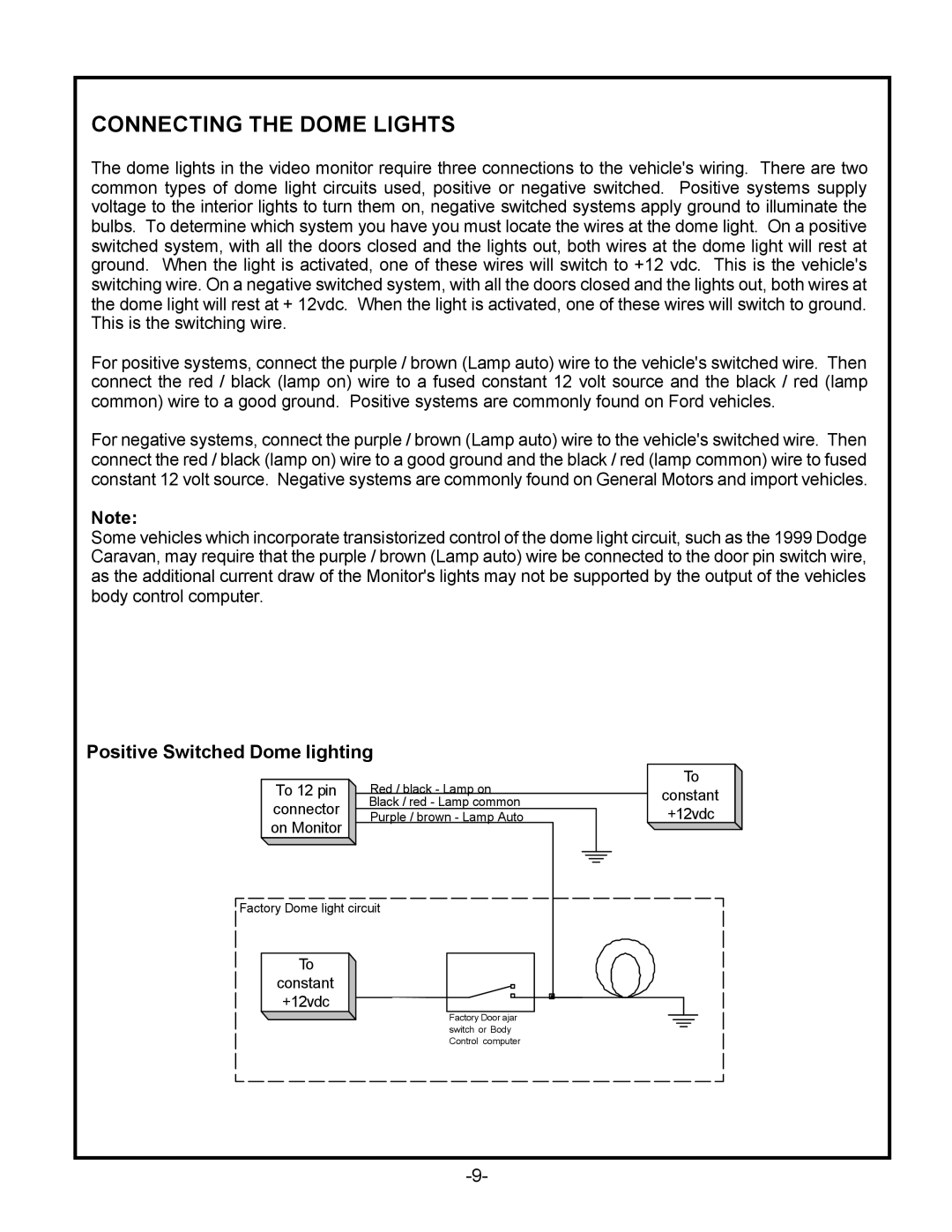 Audiovox VOD701, VOD702 manual Connecting the Dome Lights, Positive Switched Dome lighting 